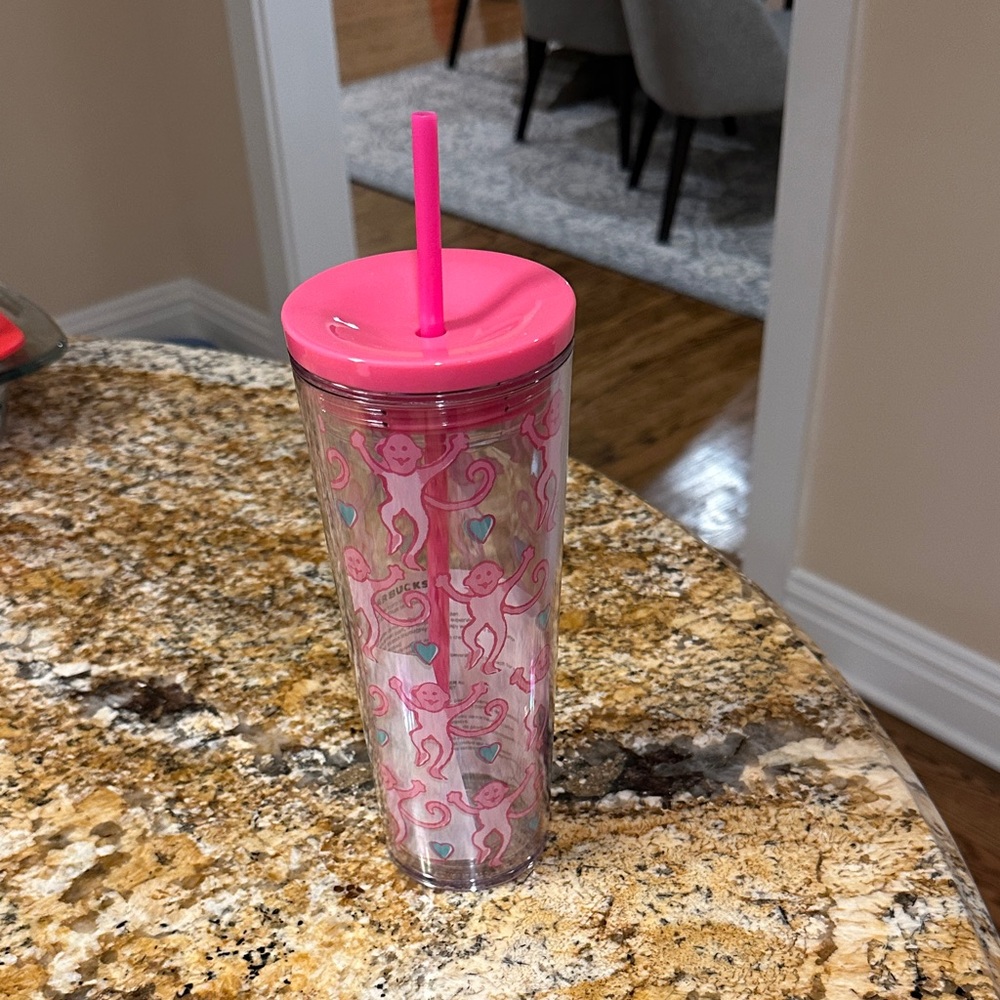 Roller Rabbit x Starbucks Pink Monkey Tumbler with Straw